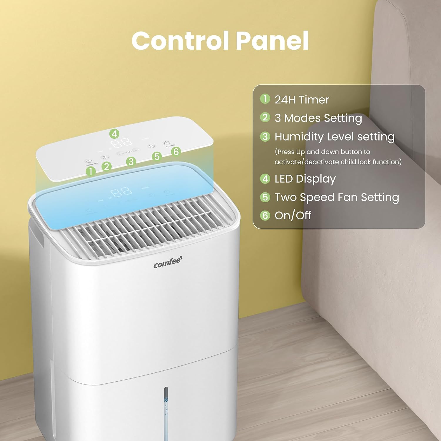 COMFEE' Aqua Dry 10L/DAY Dehumidifier for Home with Larger 2.5L Water Tank, Low Noise Level, Drain Hose, and Continuous Drainage, Ideal for Bedroom, Bathroom, Laundry Drying, Attic, basement, Office - Image 9