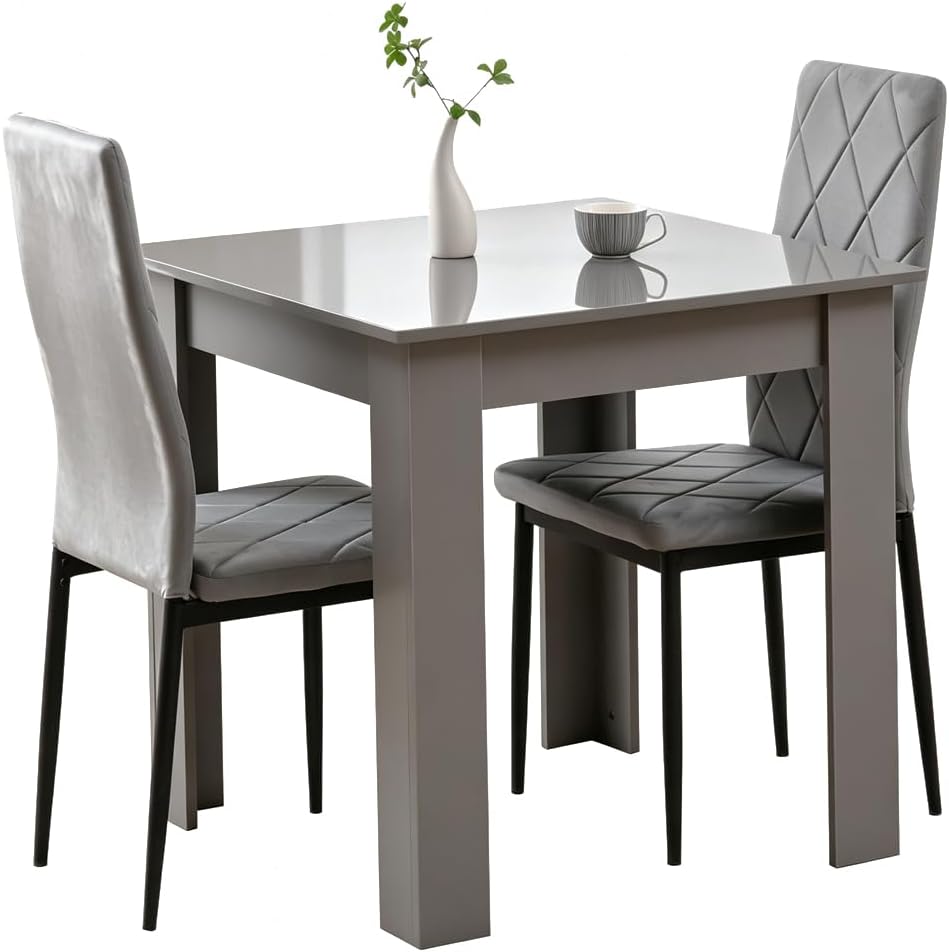 Rainbow Tree Modern 3 Piece Dining Room Table and Chairs Set, Wooden Square Table with 2 Chairs for Small Space Apartment Space Saving (Grey Table+2 Grey Argyle Velvet Chair)