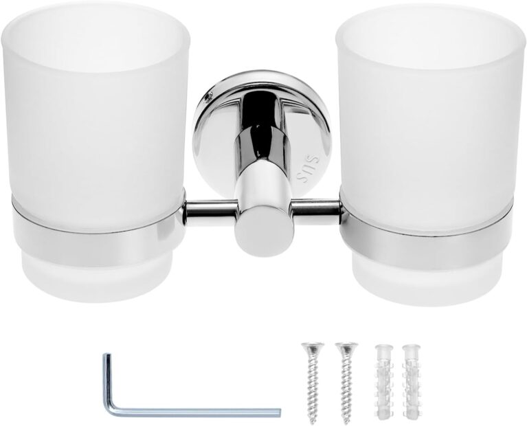 QWORK Wall Mounted Toothbrush Holder with 2 Mouthwash Cup, 304 Stainless Steel