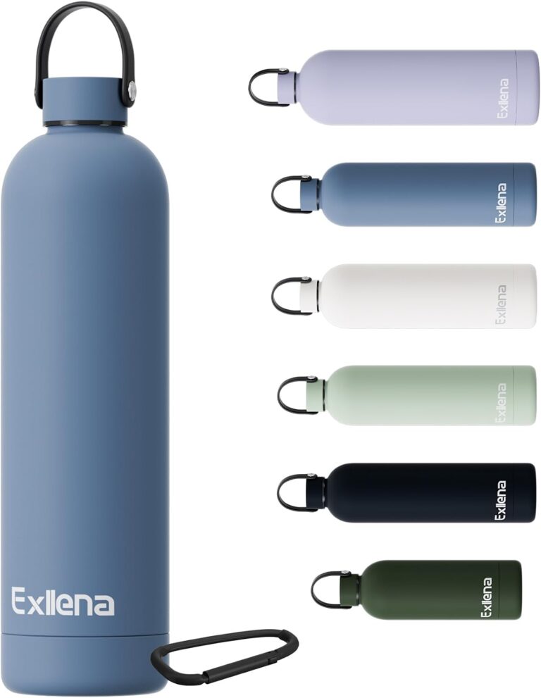 Exllena 1l Water Bottles Metal with Handle Lid and Carabiner, Double Wall Vacuum Drinks Bottle Keeps Drinks Cold 24 Hrs/Hot 12 Hrs, Stainless Steel Water Bottle BPA Free(Whale Blue)