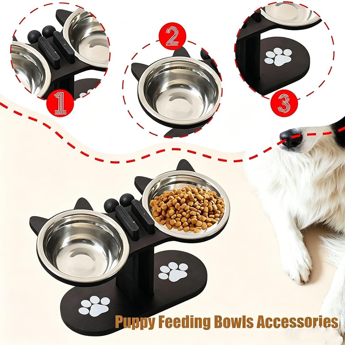 Antislip Elevated 3 Bowl Pet Feeder, Cat Bowls With Stand Tilted,Stainless Steel Raised Cat Bowl, 3-In-1 Food And Water Bowl Set for Cats, Puppy And Small Dog (Black (three bowls)) - Image 3