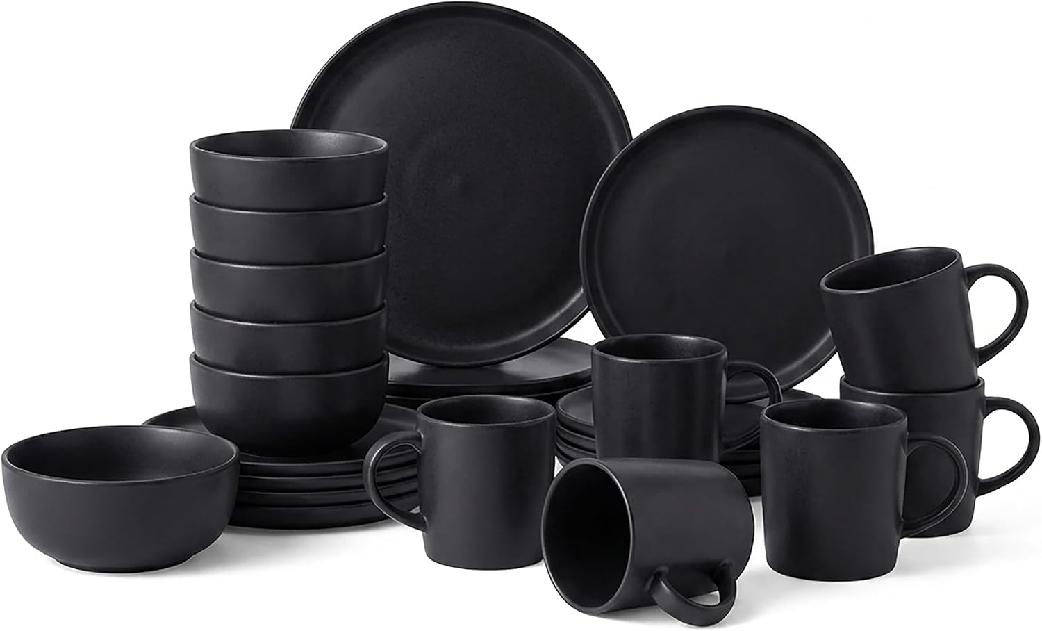 simpa 24PCS Époque Matt Black Glaze Stoneware Dinner Set: 6 Dinner Plates, 6 Side Plates, 6 Bowls & 6 Mugs. Dishwasher & Microwave Safe.