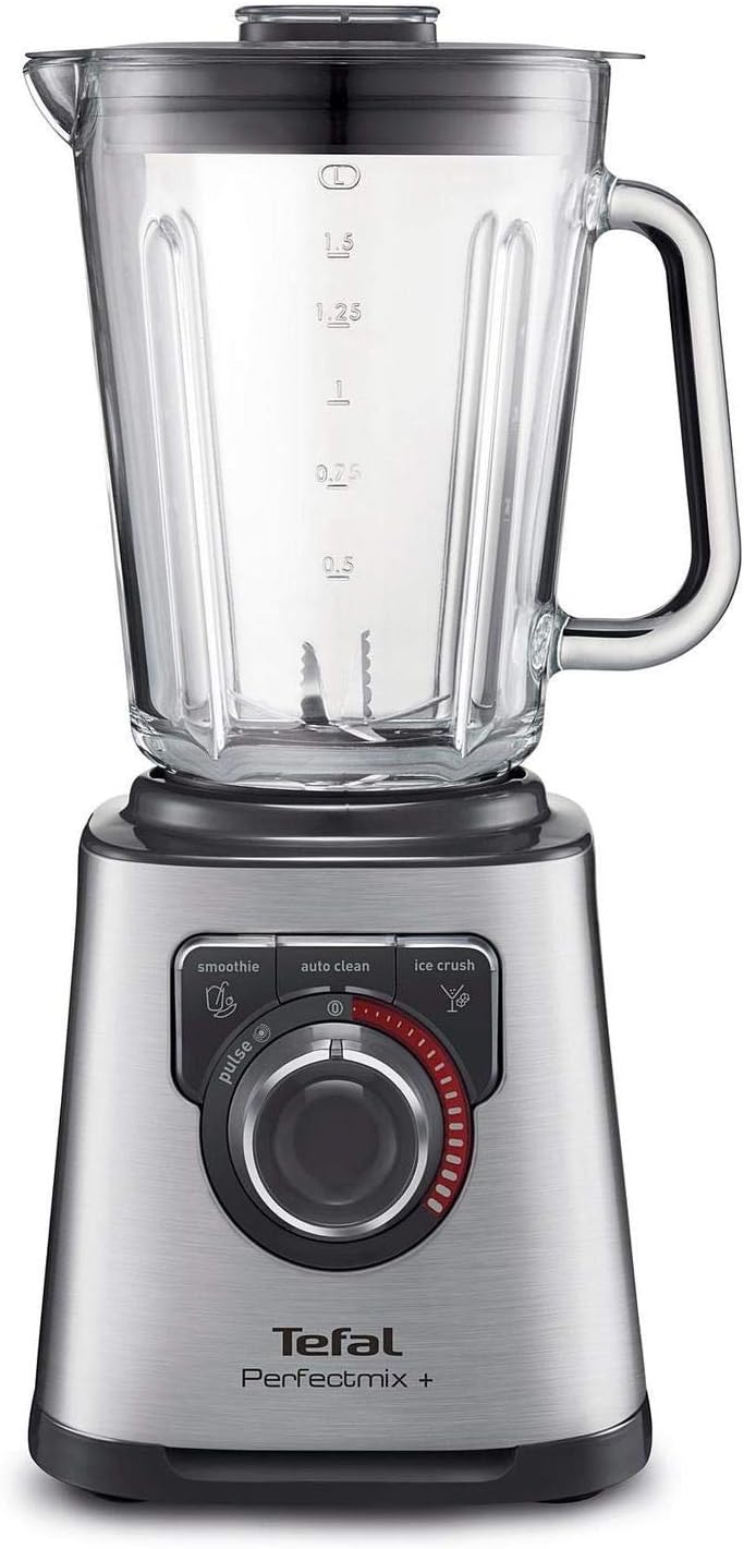 Tefal PerfectMix+ High-Speed Blender, Smoothie Maker, Ice Crush, 2L Glass Jug, 1200W, 4 Removable Powelix Blades, 3 Programs + Pulse, Grey, BL811D40