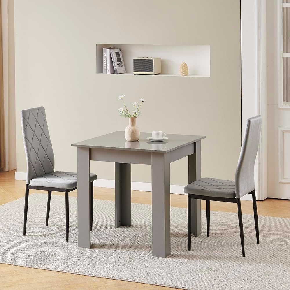 Rainbow Tree Modern 3 Piece Dining Room Table and Chairs Set, Wooden Square Table with 2 Chairs for Small Space Apartment Space Saving (Grey Table+2 Grey Argyle Velvet Chair) - Image 3