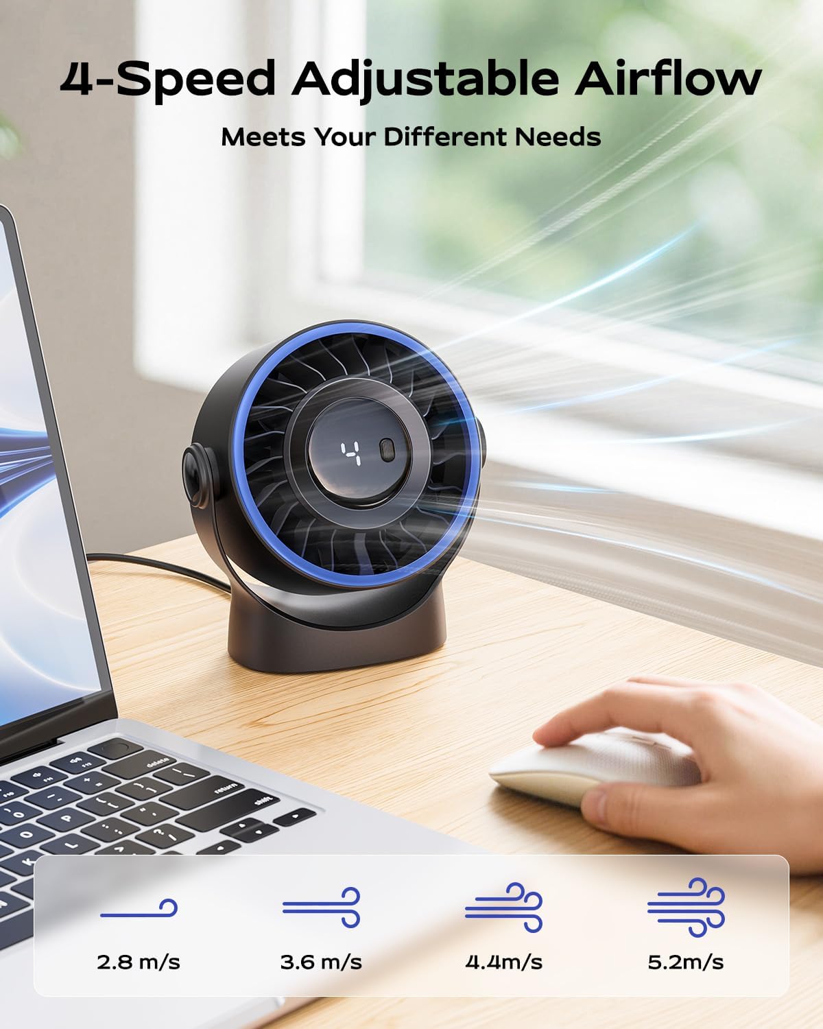 SWEETFULL USB Desk Fan, 4-Speed Powerful Portable Table Fan, 360° Rotatable - Image 3