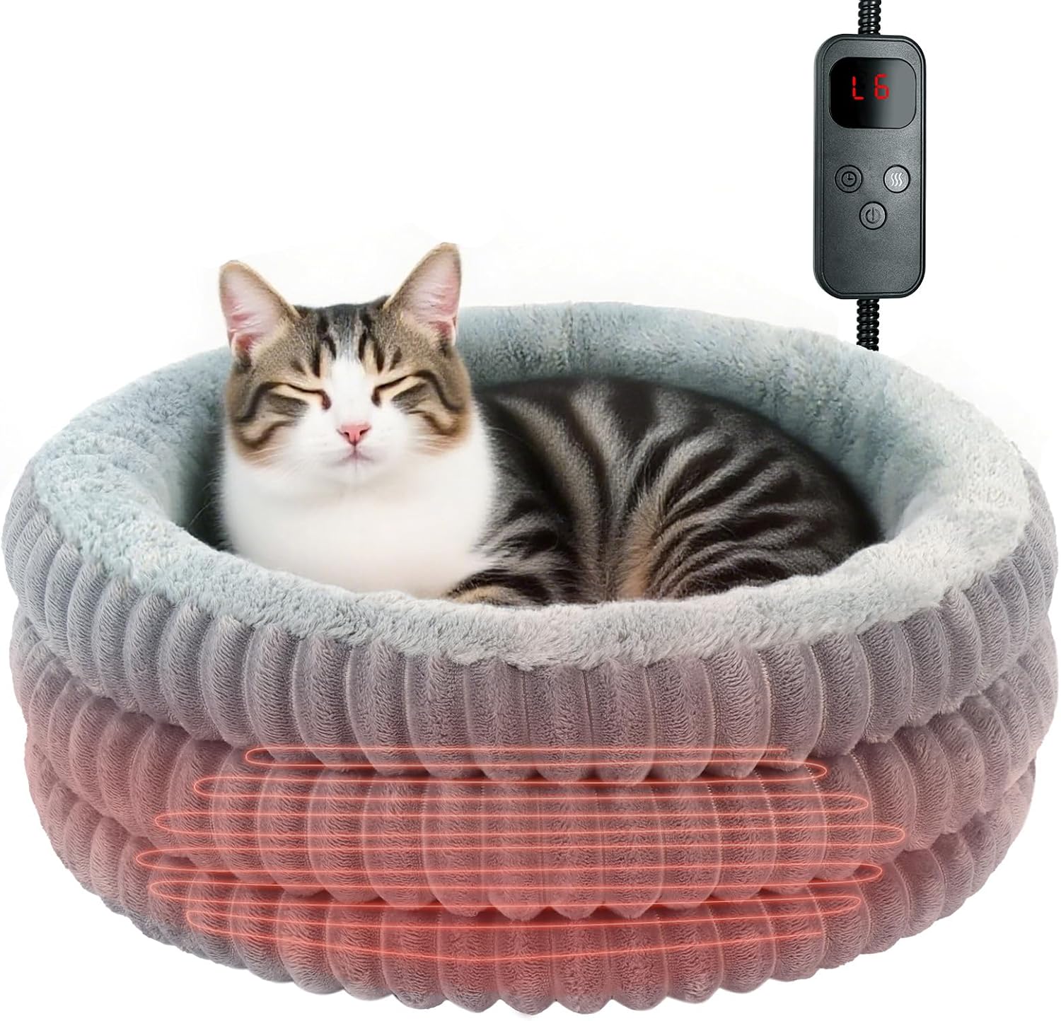 Heated Cat Bed, Round Donut Washable Deep Sleep Calming Heated Pet Beds for Indoor Cats and Small Dogs, Comfort Electric Thermal Cat Warming Bed with Adjustable Heating Pad