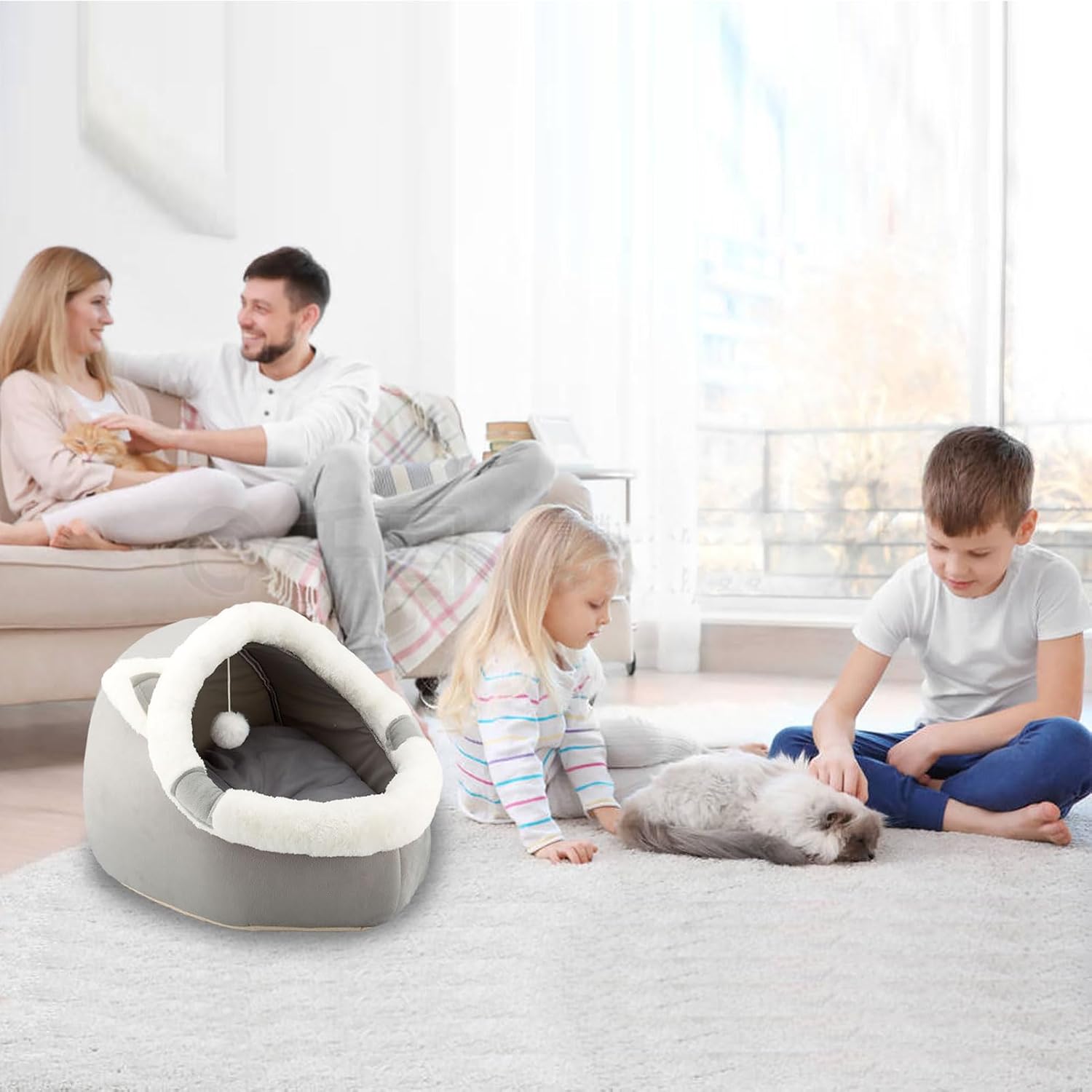 Cat Beds for Indoor with Hanging toy, Small Dog Cave Bed with Anti-Slip, Kitten Tent House Removable Cushioned Pillow, Super Soft Calming Pet Sofa Mats Ideal for Cats and Puppy or Rabbit - Image 2