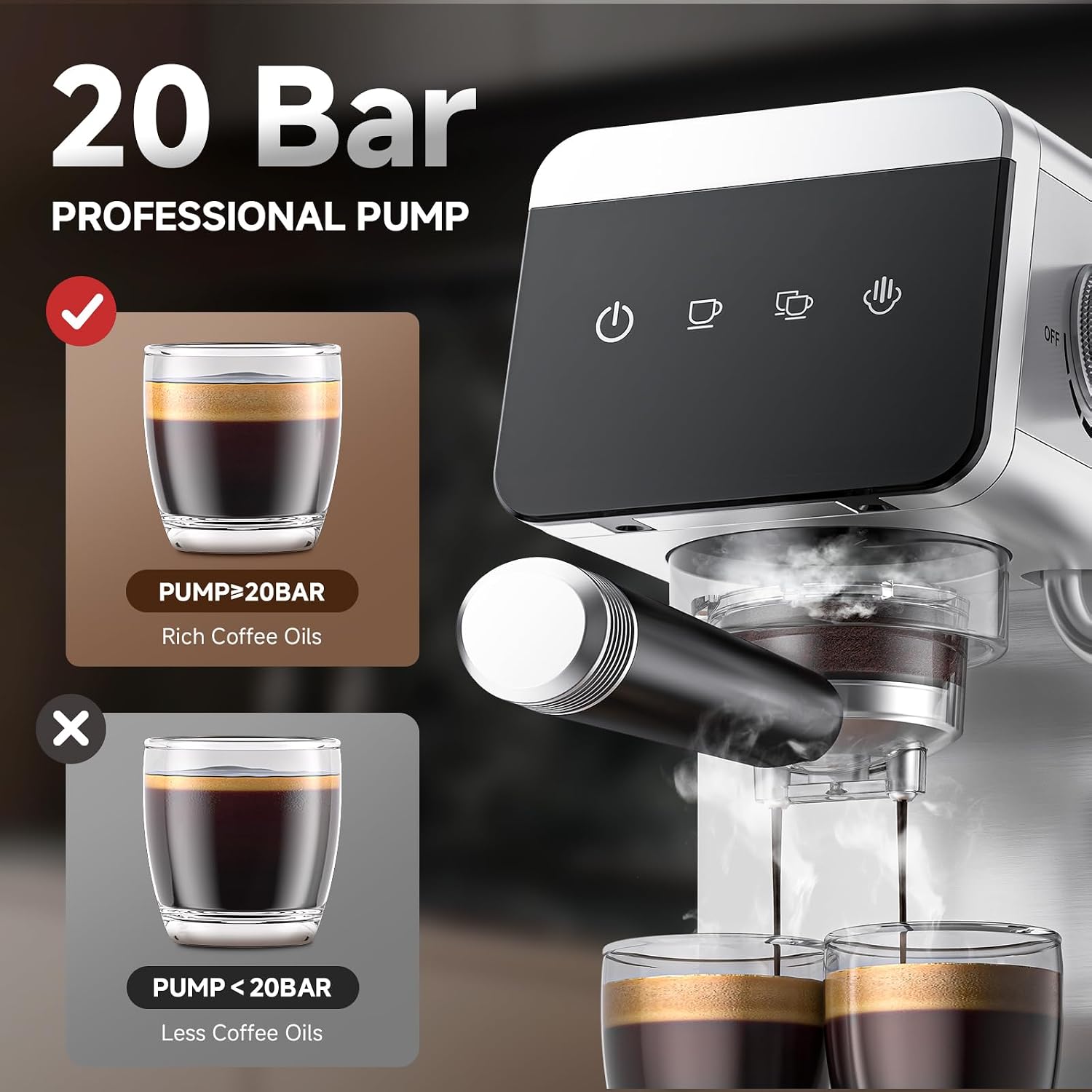 AMZCHEF Coffee Machine 20 Bar, Compact Espresso Machine, Stainless Steel - Image 4