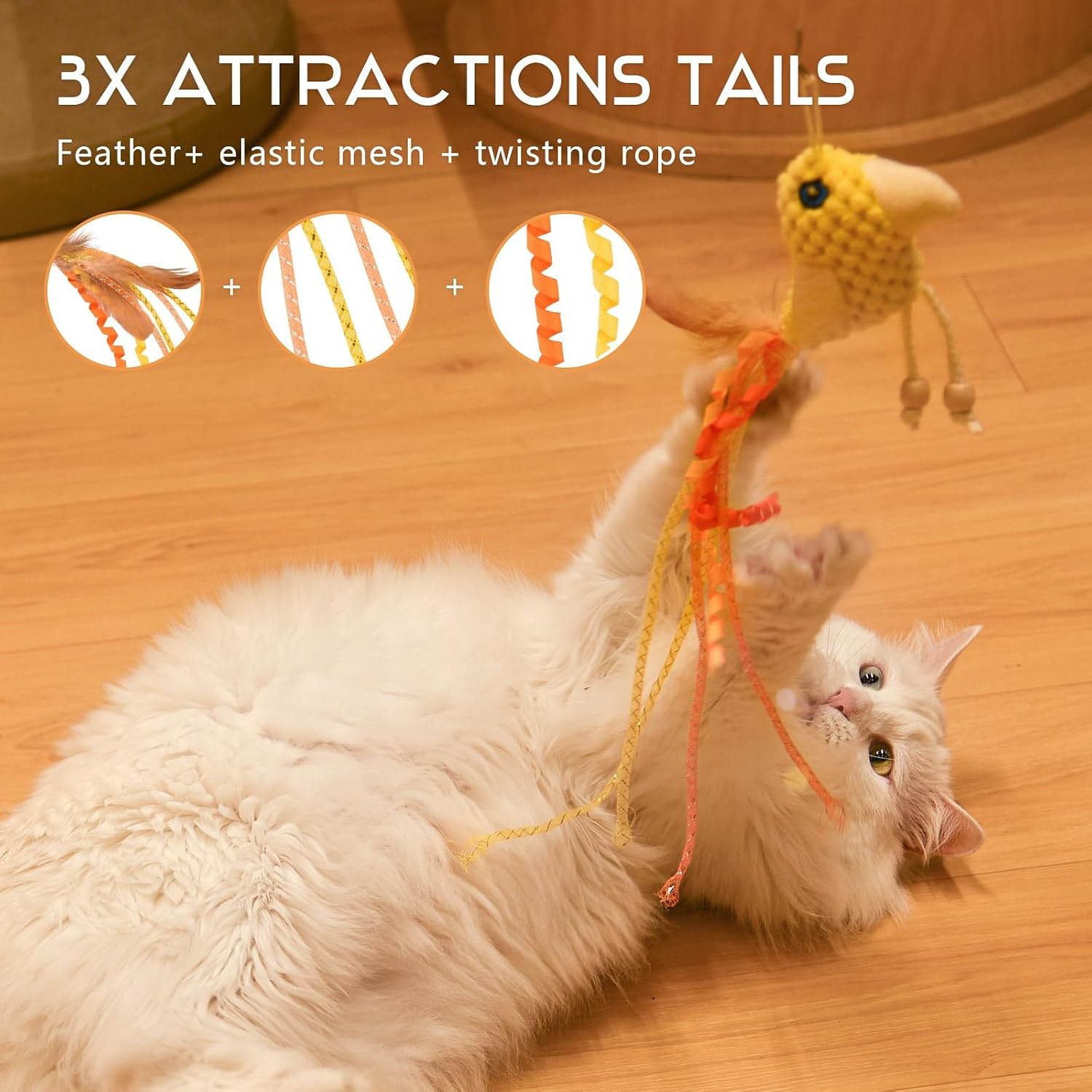 Catnip Cat Toys, Catnip Toys for Cats, Chew Kicker Bird Plush Interactive Kitten Teething Toys, Built-in Bell Elastic Mesh Feather Rotating Rope Tail, Chewing & Teeth Cleaning(Yellow Bird) - Image 3