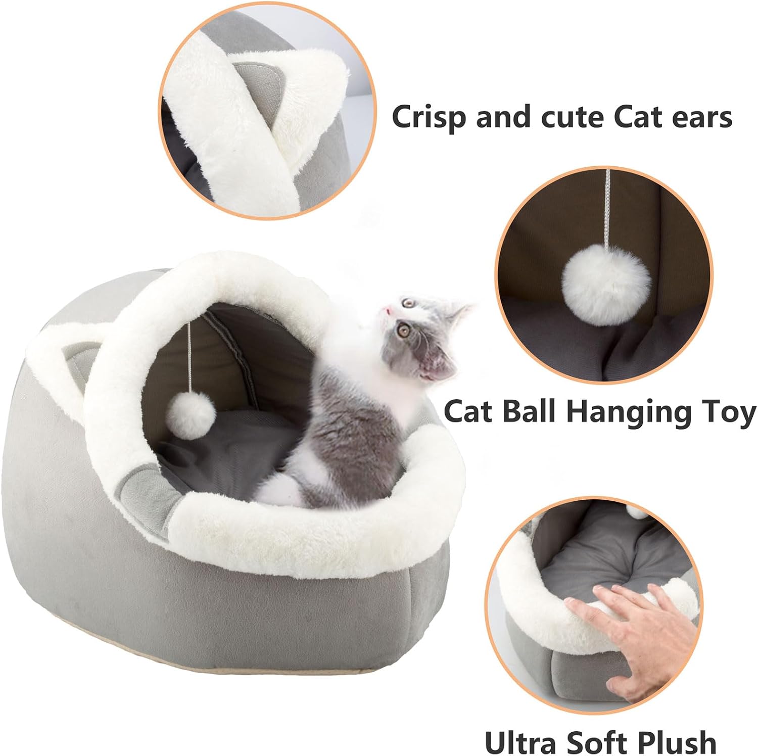 Cat Beds for Indoor with Hanging toy, Small Dog Cave Bed with Anti-Slip, Kitten Tent House Removable Cushioned Pillow, Super Soft Calming Pet Sofa Mats Ideal for Cats and Puppy or Rabbit - Image 3