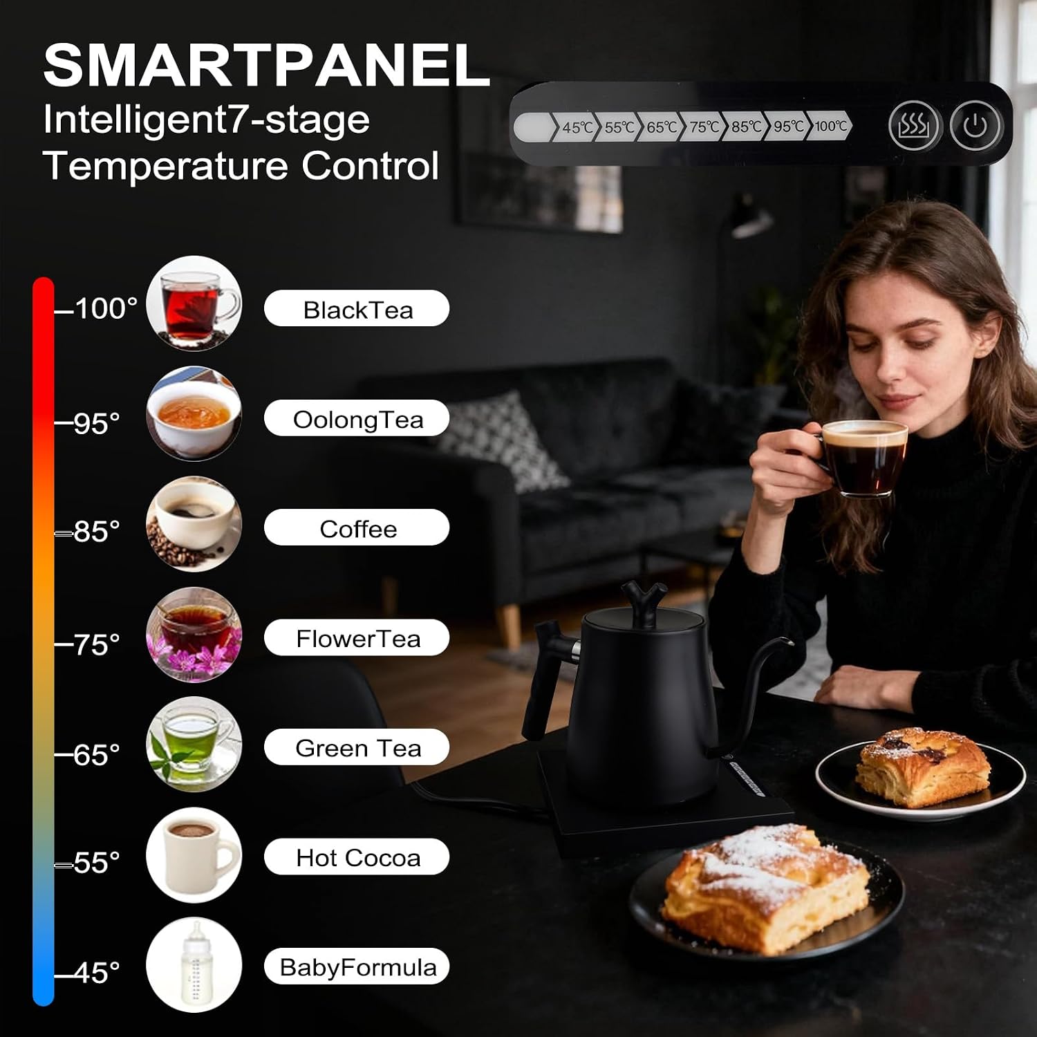Gooseneck Kettle,1L Electric Gooseneck Kettle for Pour Over Coffee & Tea,45-100°C Temp Intelligent Control and Stainless Steel Inner,Quick Heating for Home, Office - Image 3