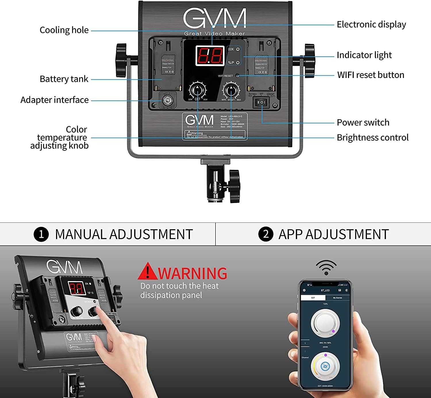 GVM 2 Pack 480 LED Video Lighting Kits with APP Control, Bi-Color Variable 2300K~6800K with Digital Display Brightness of 10~100% for Video Photography, CRI97+ TLCI97 Led Video Light Panel +Barndoor - Image 4