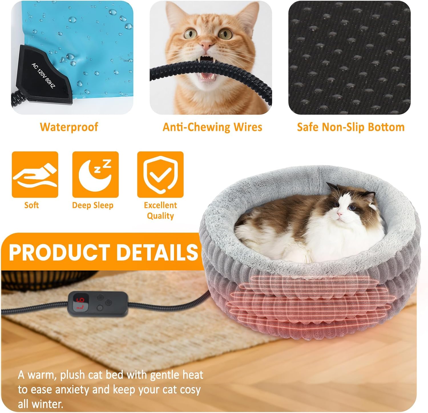 Heated Cat Bed, Round Donut Washable Deep Sleep Calming Heated Pet Beds for Indoor Cats and Small Dogs, Comfort Electric Thermal Cat Warming Bed with Adjustable Heating Pad - Image 2