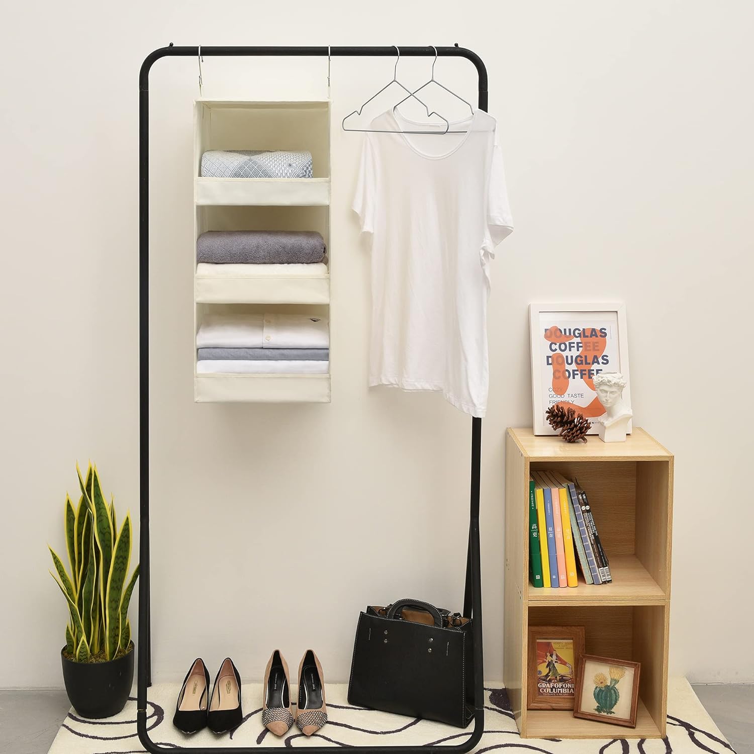 GRANNY SAYS 3 Shelf Hanging Storage Organiser, Pack of 1 Hanging Clothes Organiser for Wardrobe, Foldable 3 Shelves Closet Organizer for Organsing Clothes, Beige - Image 5