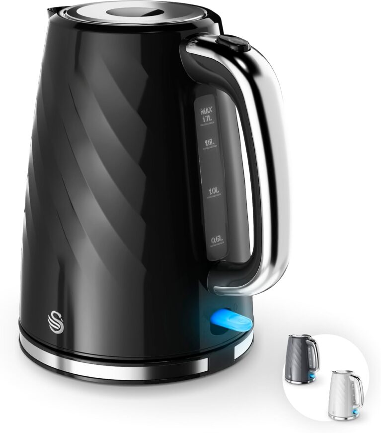 Swan Windsor Rapid Boil Kettle with Removable Limescale Filter, Boil Dry Protection and Hidden Cord Storage, 1.7L, 3KW, Black, SK14611BLK