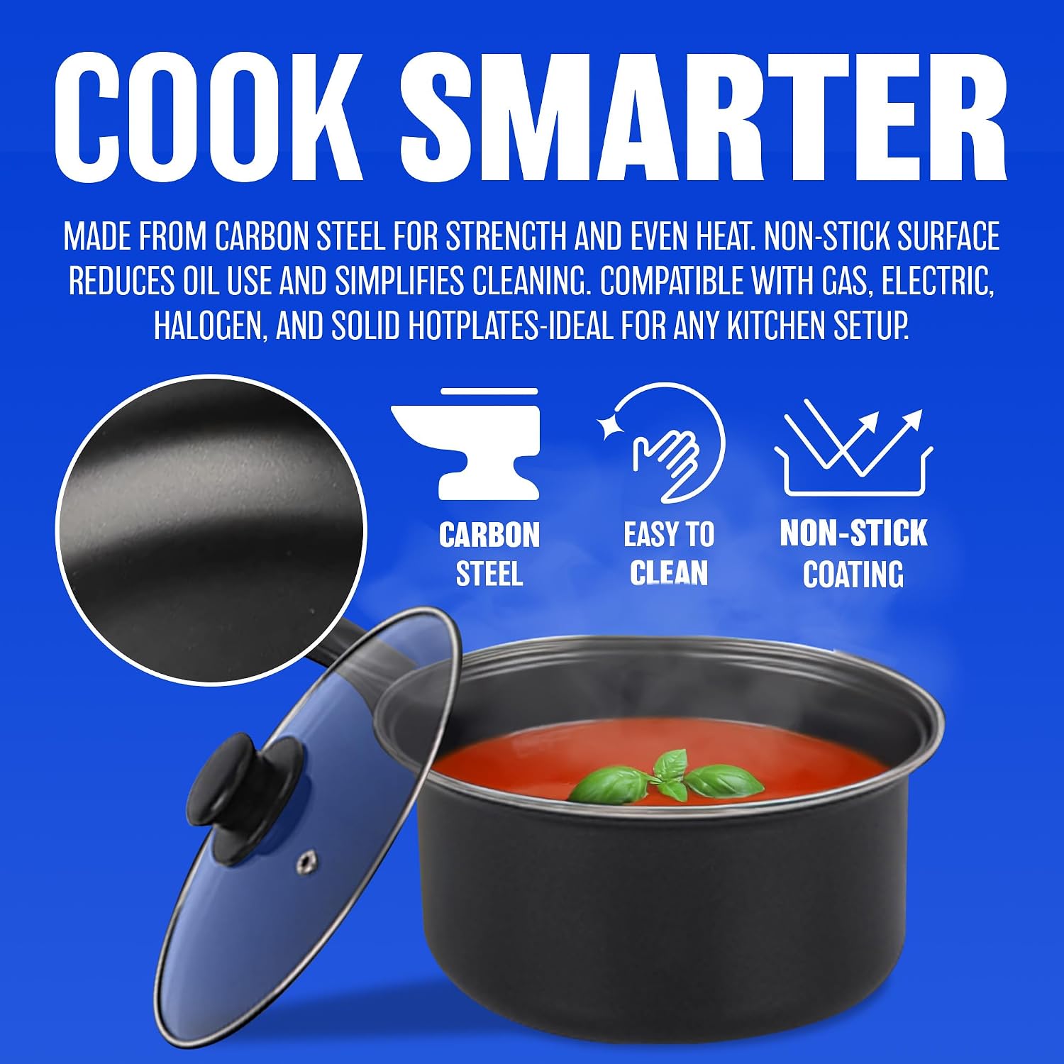 6pc Non Stick Cookware Set with Lids & Bakelite Handle - Carbon Steel Cooking Pan Saucepan Set Pot and Frying Pans | Suitable for Gas, Electric, Halogen and Solid Hotplates - Tempered Glass Lid, Black - Image 3