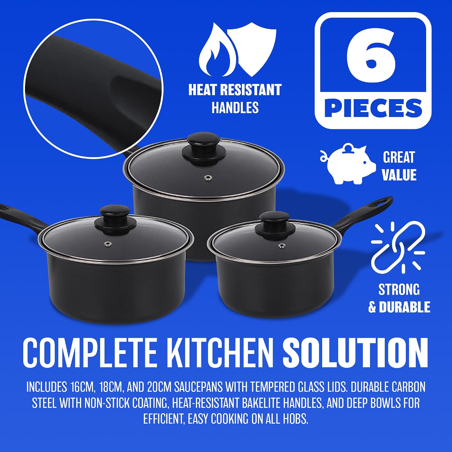 6pc Non Stick Cookware Set with Lids & Bakelite Handle - Carbon Steel Cooking Pan Saucepan Set Pot and Frying Pans | Suitable for Gas, Electric, Halogen and Solid Hotplates - Tempered Glass Lid, Black - Image 5