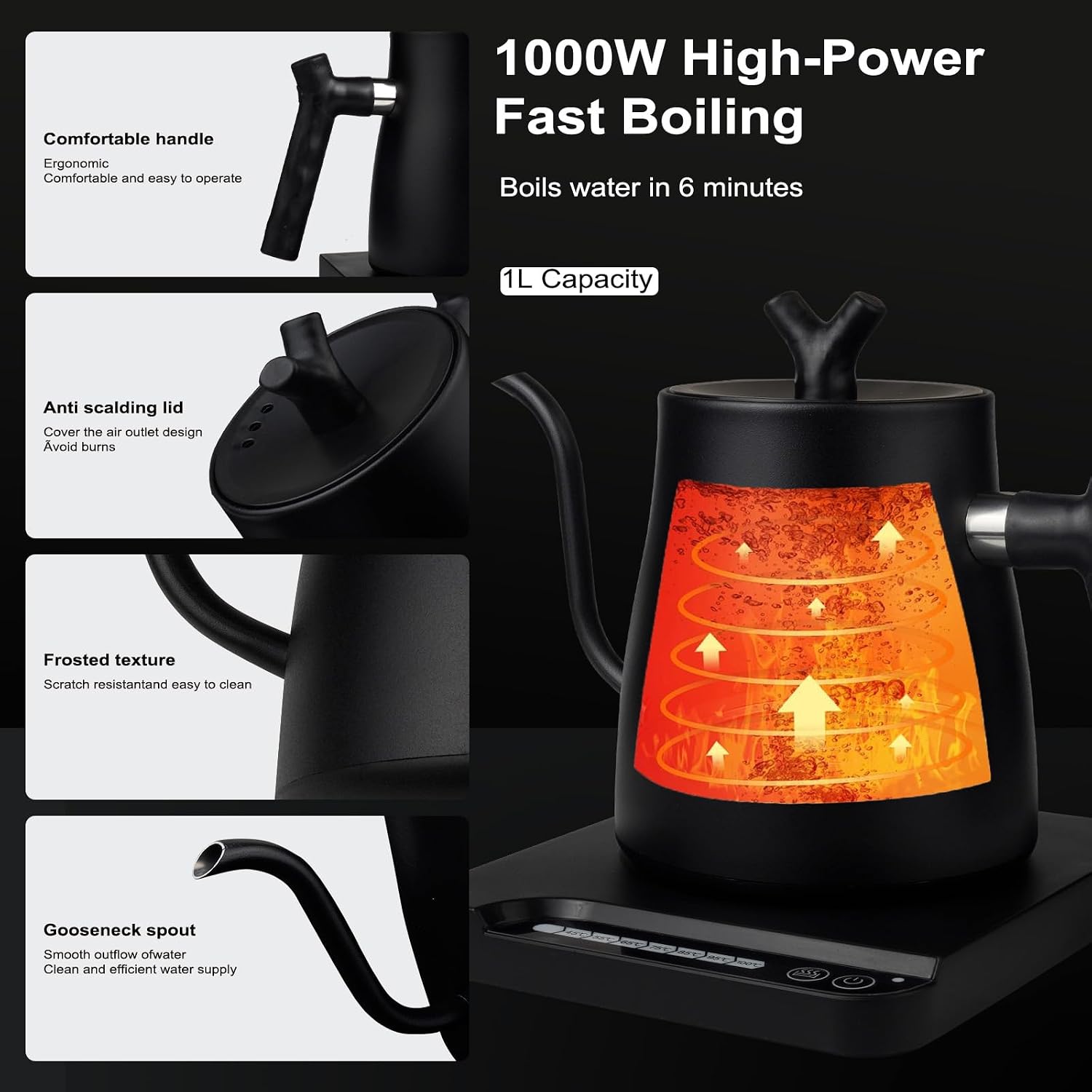 Gooseneck Kettle,1L Electric Gooseneck Kettle for Pour Over Coffee & Tea,45-100°C Temp Intelligent Control and Stainless Steel Inner,Quick Heating for Home, Office - Image 4