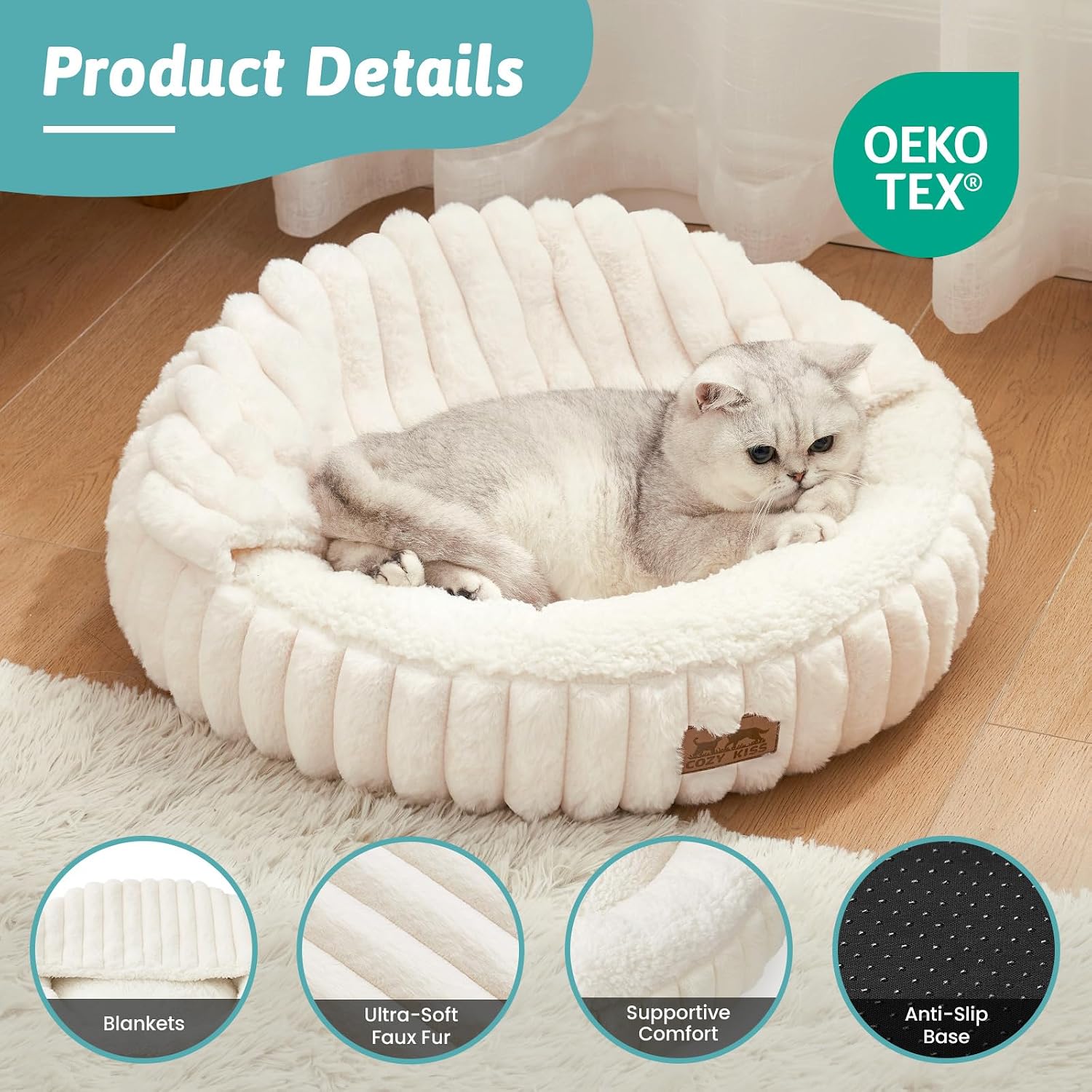 COZY KISS Cat Bed with Blanket for Kitten Cat, 50cm Donut Small Cave, Cream - Image 4