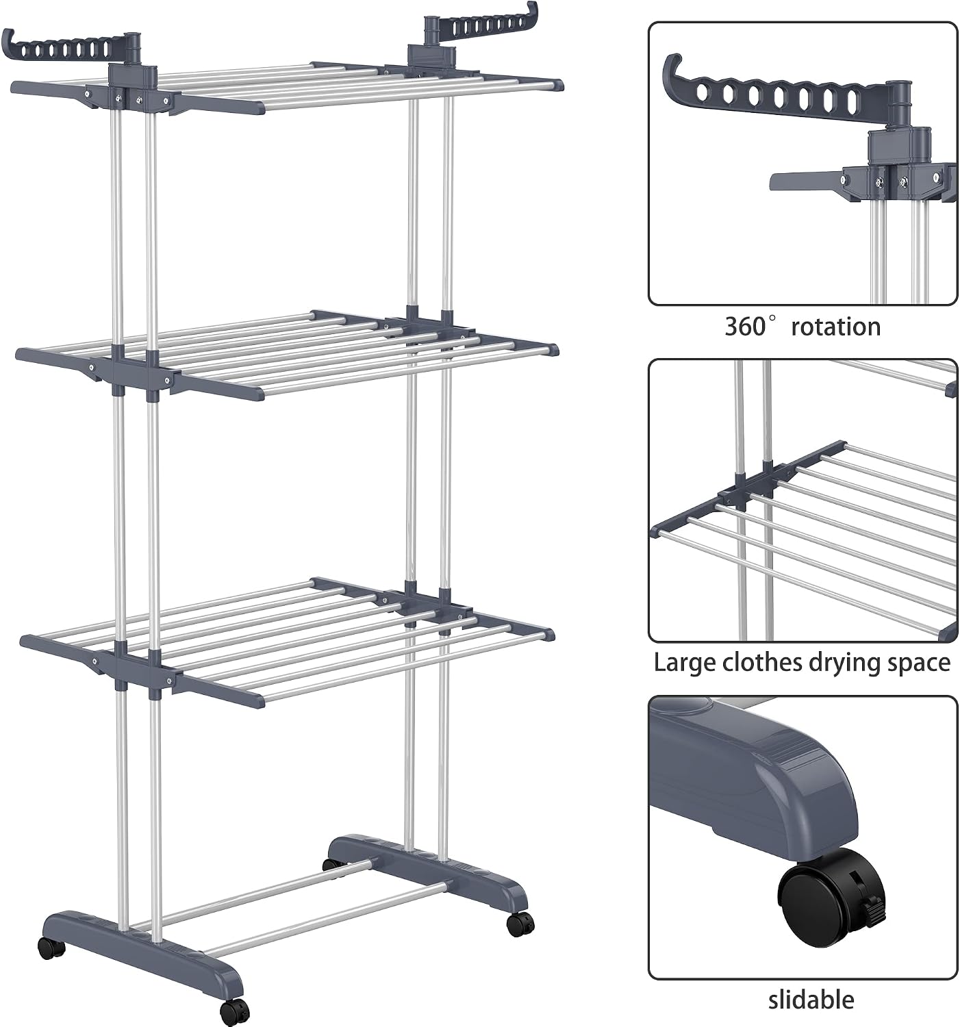 Airer Clothes Drying Rack, 4-Tier Foldable Clothes Hanger, Adjustable, Grey - Image 5