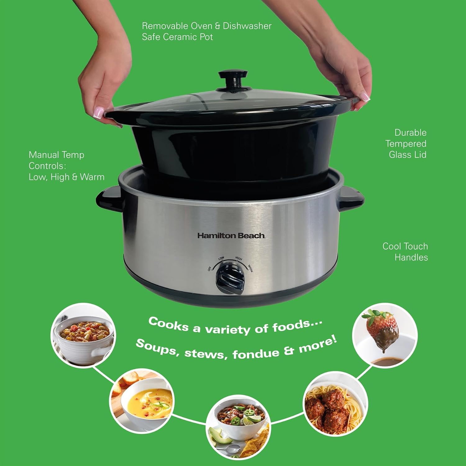 Hamilton Beach 6.5L Family Favourite Slow Cooker, 240W Energy-Efficient Design, Removable Oven-Safe Ceramic Bowl, 3 Heat Settings, Serves 6-8 People, Easy Clean, Silver - HBSC070S - Image 8