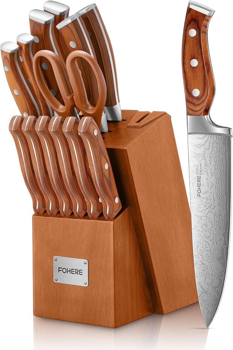 FOHERE Knife Set 14 Pieces Kitchen Knife Set with Wooden Block High Carbon Stainless Steel Self-Sharpening Knife Block Set with Built-in Sharpener, Brown
