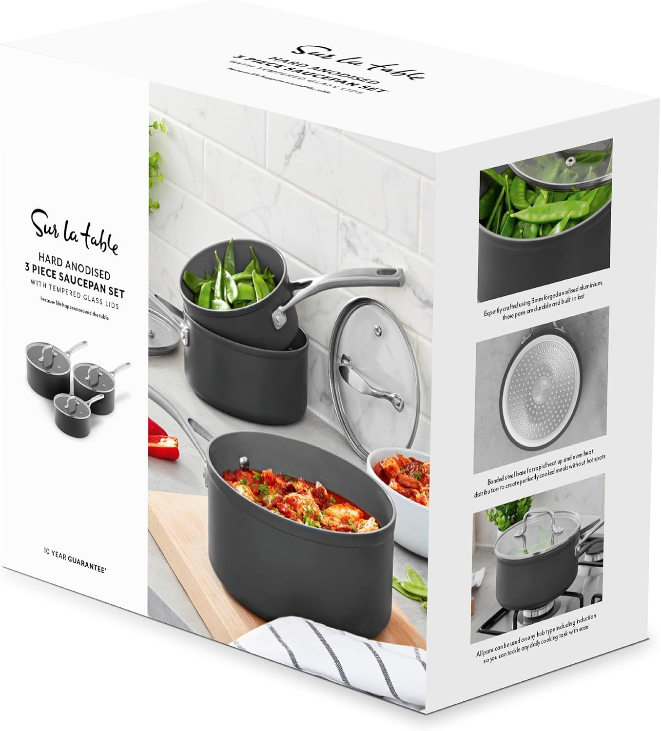 Sur La Table Hard Anodised 3 Piece Saucepan Set with Tempered Glass Lids, Riveted Steel Handles, 10x Stronger Superior Non-Stick Ceramic Coating, Induction Compatible, Grey, SLT800370 - Image 9