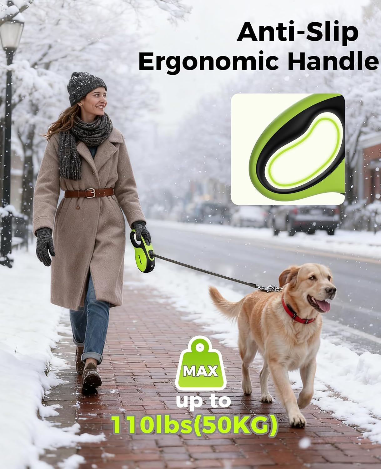 Pecute Retractable Dog Lead with Rechargeable LED Light, 8m/26ft Dog Lead with 360° Tangle-Free Extended Leash, Anti-Slip Handle and Quick Brake Button, Suitable for Dogs Up to 110lbs/50kg in Weight - Image 3