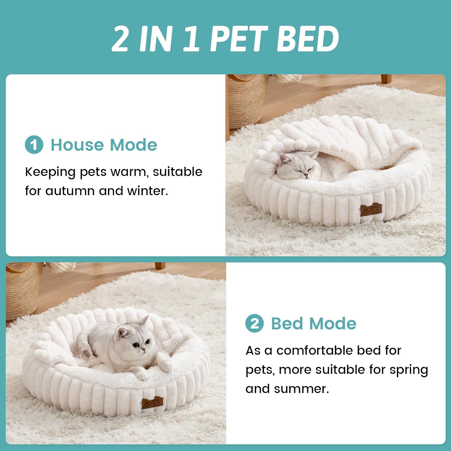 COZY KISS Cat Bed with Blanket for Kitten Cat, 50cm Donut Small Cave, Cream - Image 3