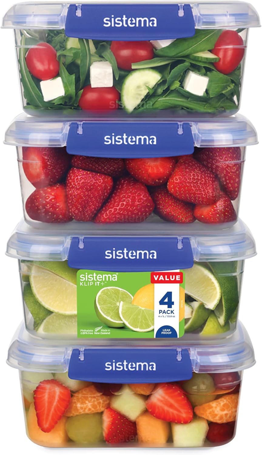 Sistema KLIP IT Plus Leakproof Food Storage Containers, 1L, Airtight & Stackable, BPA-Free, 4 Count