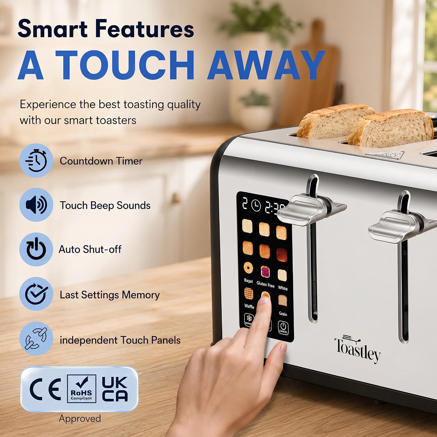Toastley 4 Slice Smart Toaster with Touchscreen Controls, Dual 4.4" Screens, 6 Browning Levels & 6 Bread Modes, Extra-Wide 120mm Slots, Bagel/Defrost/Reheat, 1760W, Matt Black - Image 3