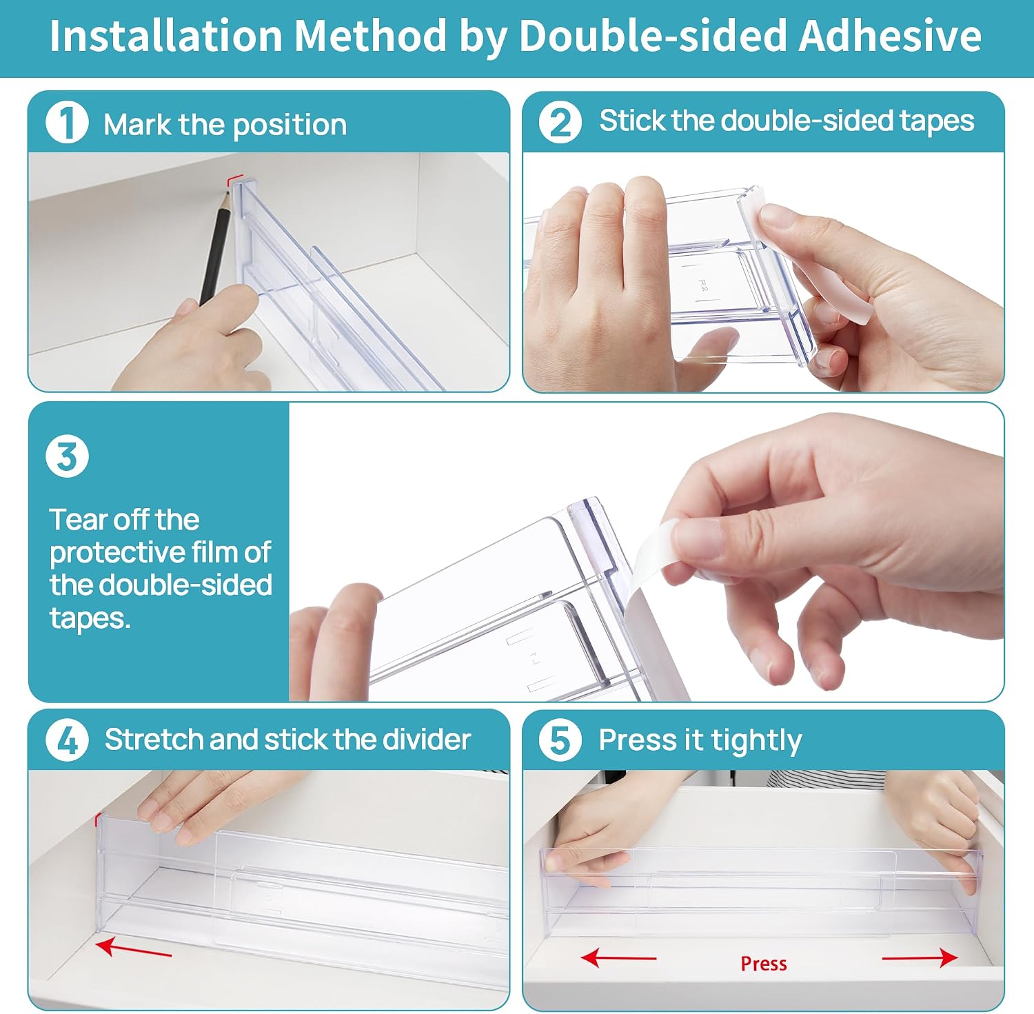 Vtopmart 8 Pack Drawer Dividers, 3.2" High Expandable from 12.2-21.4" Adjustable Drawer Organisers,Clear Plastic Drawers Separators for Clothing, Kitchen Utensils and Office Storage - Image 3