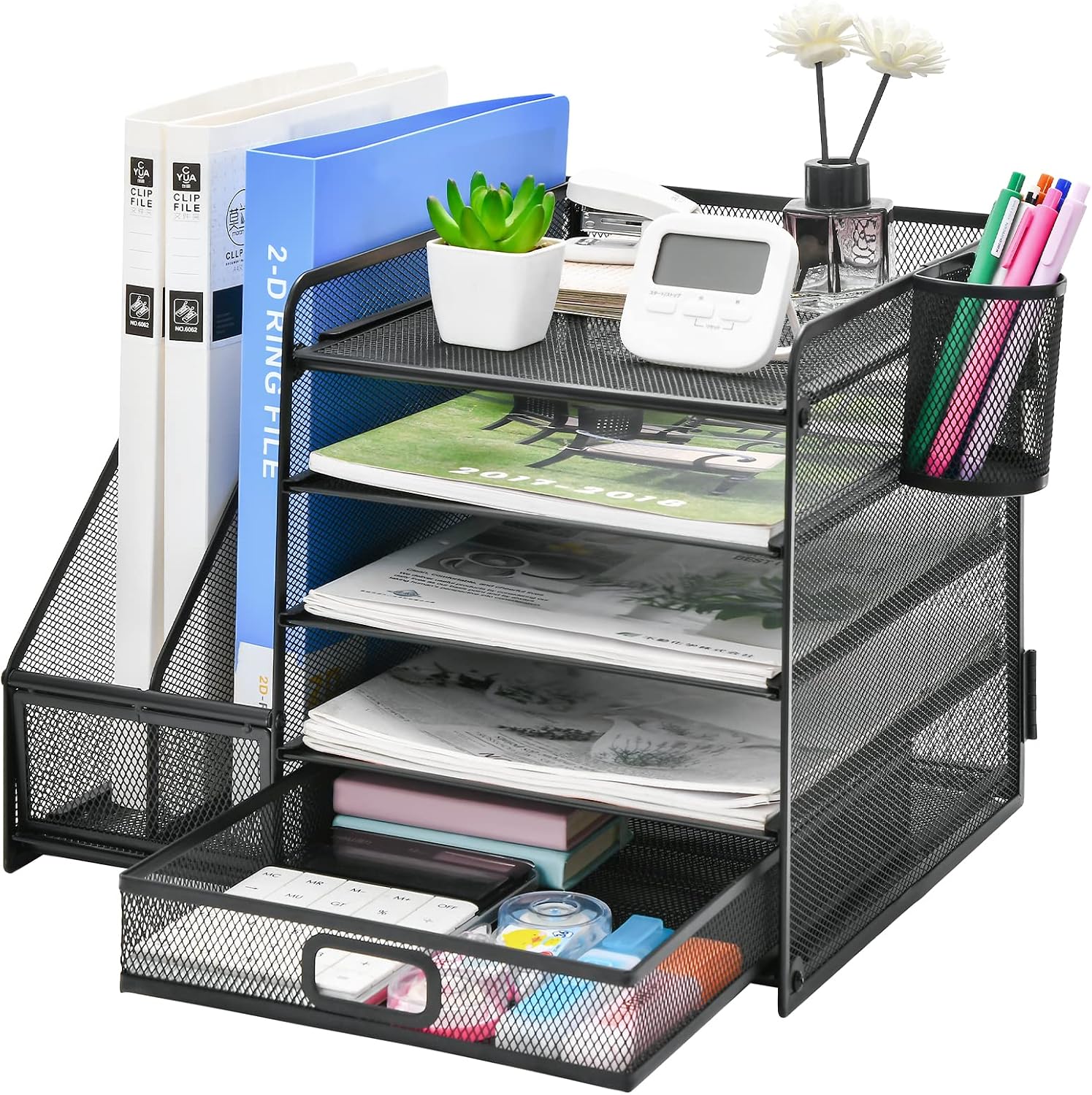 Marbrasse Desk Organiser File Holder,5-Tier Paper Letter Tray Organiser with Drawer,2 Pen Holder,Mesh Desktop Storage with Magazine Holder for Office Supplies(Black) - Image 3