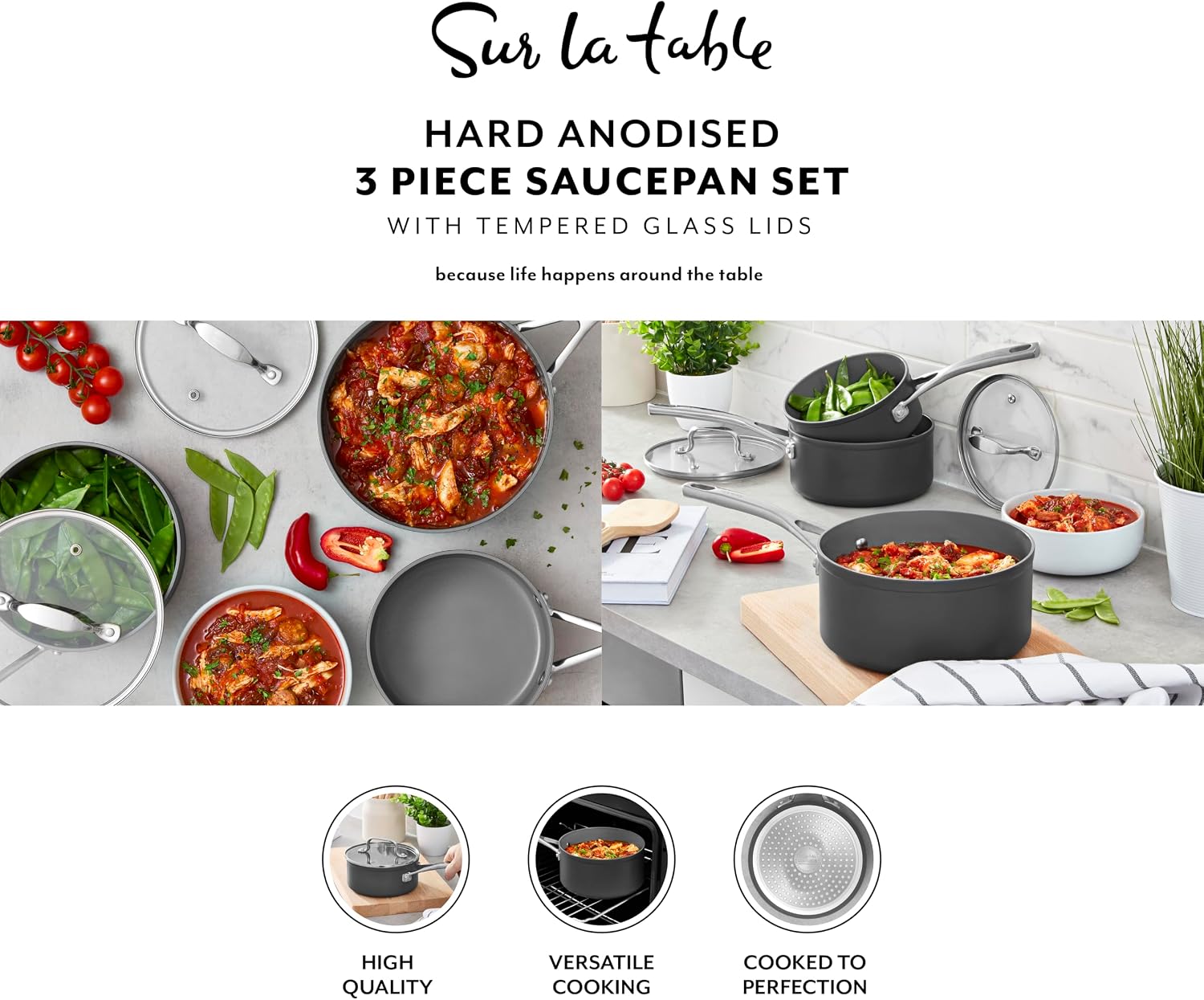 Sur La Table Hard Anodised 3 Piece Saucepan Set with Tempered Glass Lids, Riveted Steel Handles, 10x Stronger Superior Non-Stick Ceramic Coating, Induction Compatible, Grey, SLT800370 - Image 2