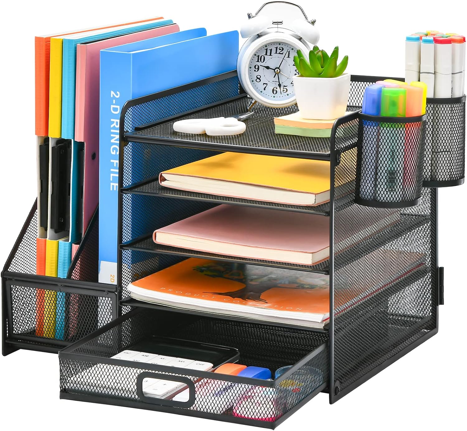 Marbrasse Desk Organiser File Holder,5-Tier Paper Letter Tray Organiser with Drawer,2 Pen Holder,Mesh Desktop Storage with Magazine Holder for Office Supplies(Black)