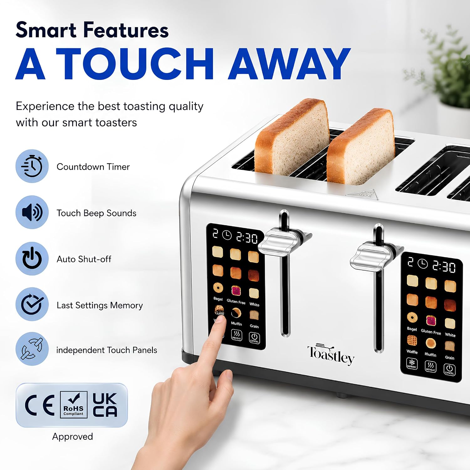 Toastley 4 Slice Smart Toaster with Touchscreen Controls, Dual 4.4" Screens, 6 Browning Levels & 6 Bread Modes, Extra-Wide 120mm Slots, Bagel/Defrost/Reheat, 1760W, Silver Stainless Steel - Image 3