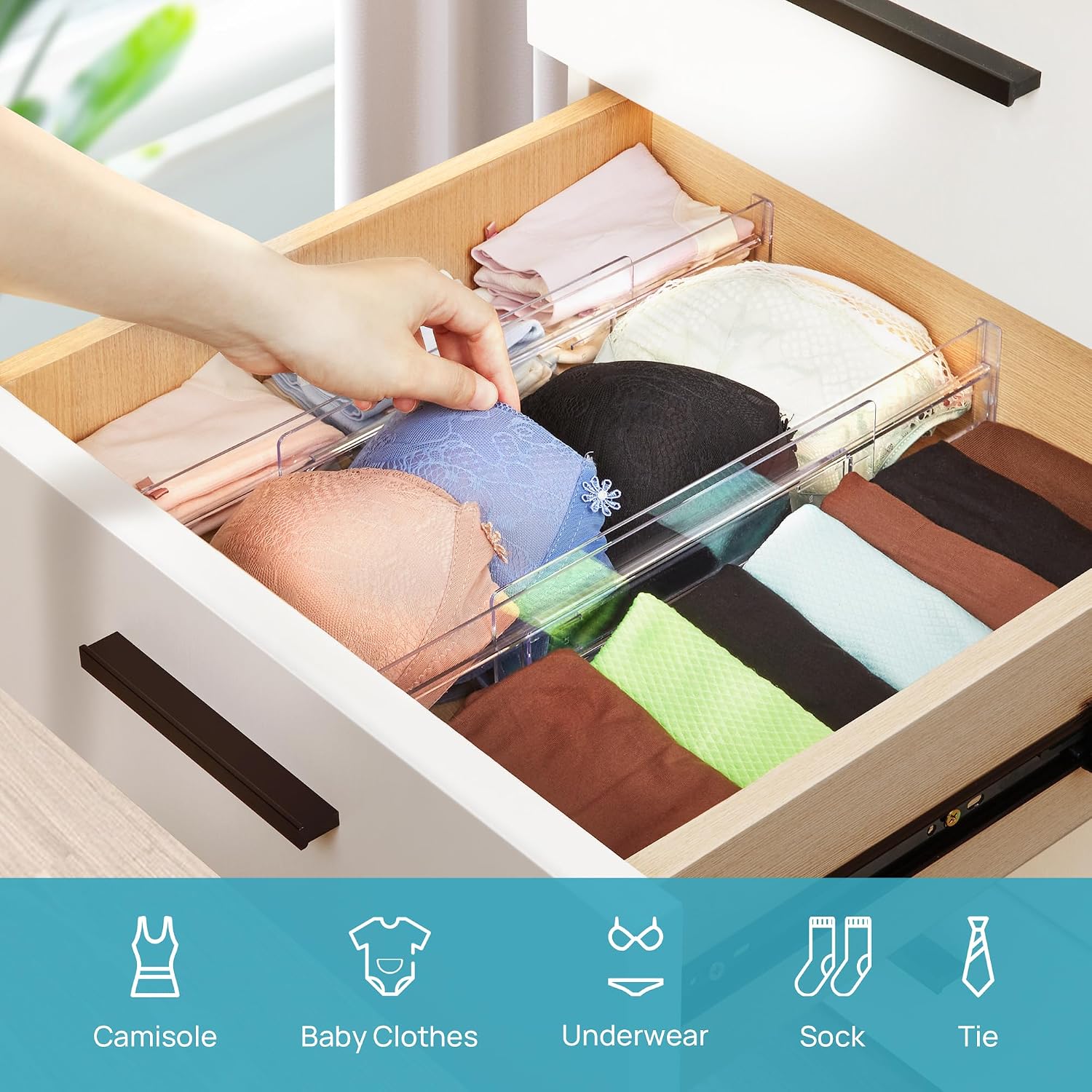 Vtopmart 8 Pack Drawer Dividers, 3.2" High Expandable from 12.2-21.4" Adjustable Drawer Organisers,Clear Plastic Drawers Separators for Clothing, Kitchen Utensils and Office Storage - Image 6