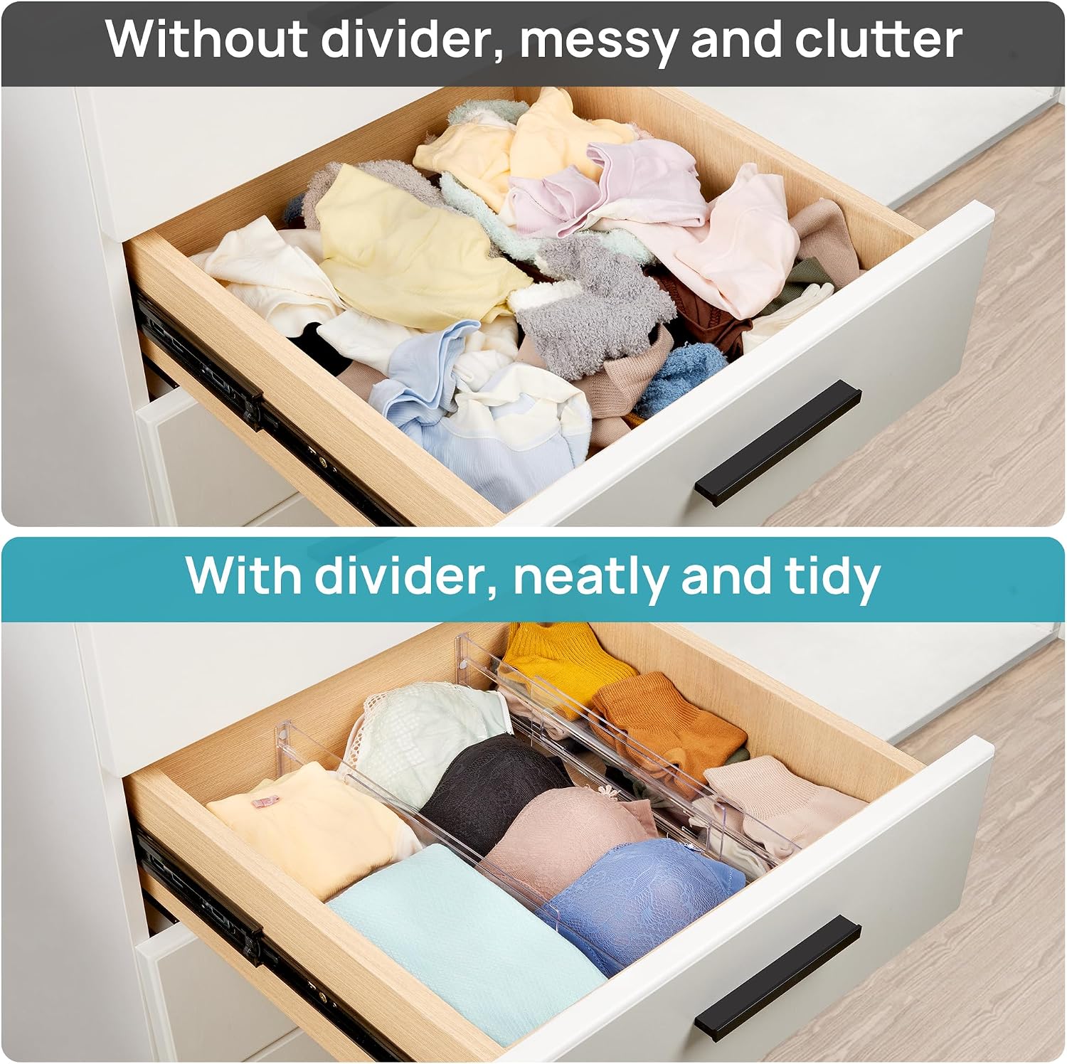 Vtopmart 8 Pack Drawer Dividers, 3.2" High Expandable from 12.2-21.4" Adjustable Drawer Organisers,Clear Plastic Drawers Separators for Clothing, Kitchen Utensils and Office Storage - Image 5