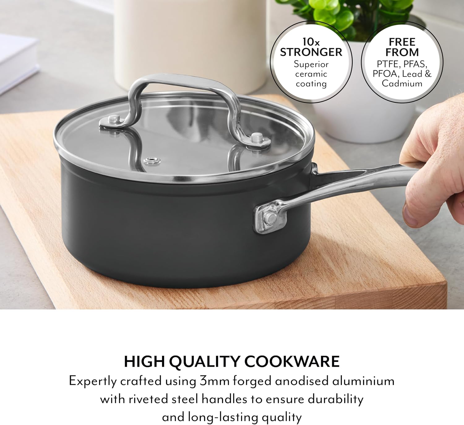 Sur La Table Hard Anodised 3 Piece Saucepan Set with Tempered Glass Lids, Riveted Steel Handles, 10x Stronger Superior Non-Stick Ceramic Coating, Induction Compatible, Grey, SLT800370 - Image 3