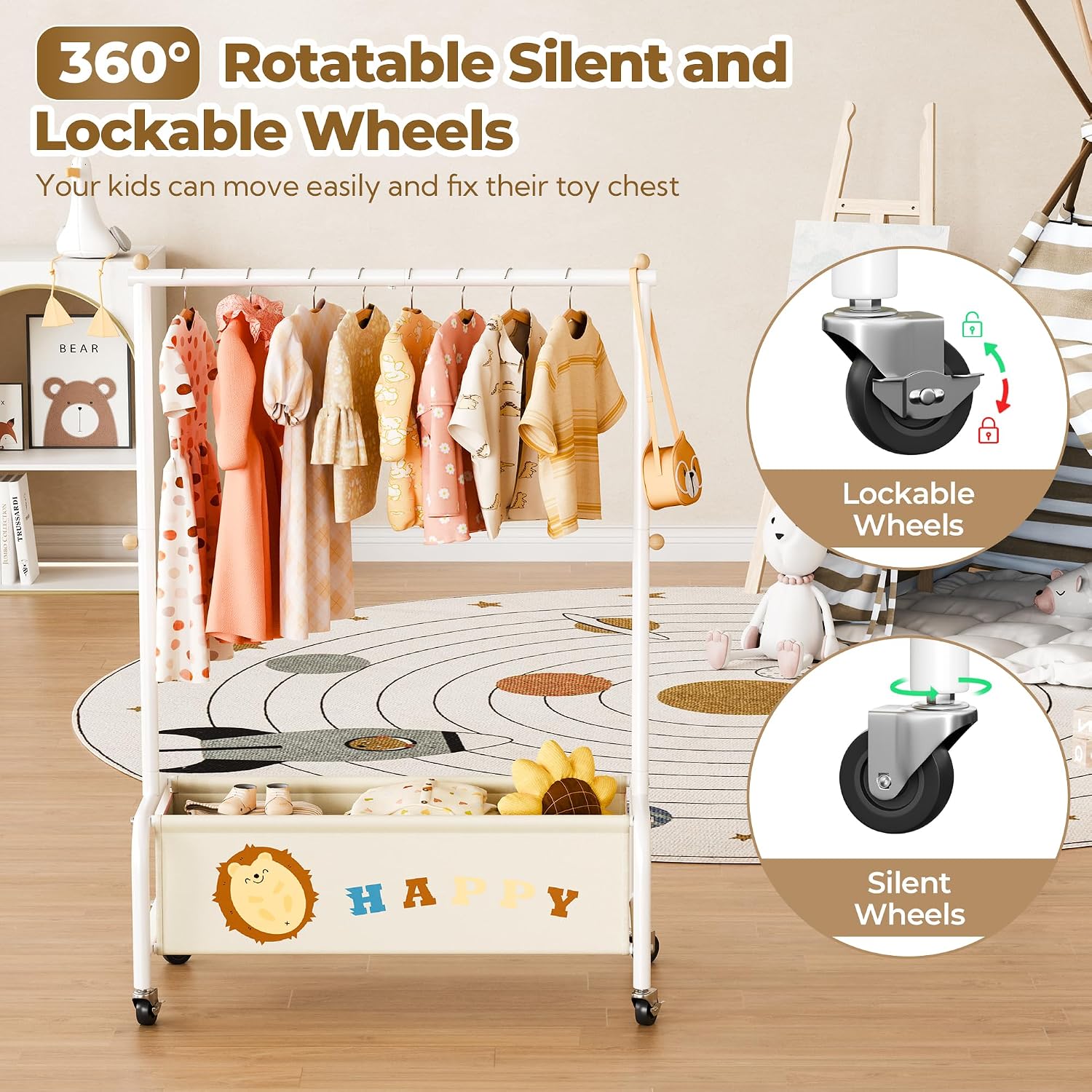 GRANNY SAYS Kids Clothes Rail with Wheels, Heavy Duty Dressing Up Rail for Kids, Free Standing Clothes Rack for Children, Toddler Wardrobe Clothing Rail for Nursery Child's Room Organising, Beige - Image 4