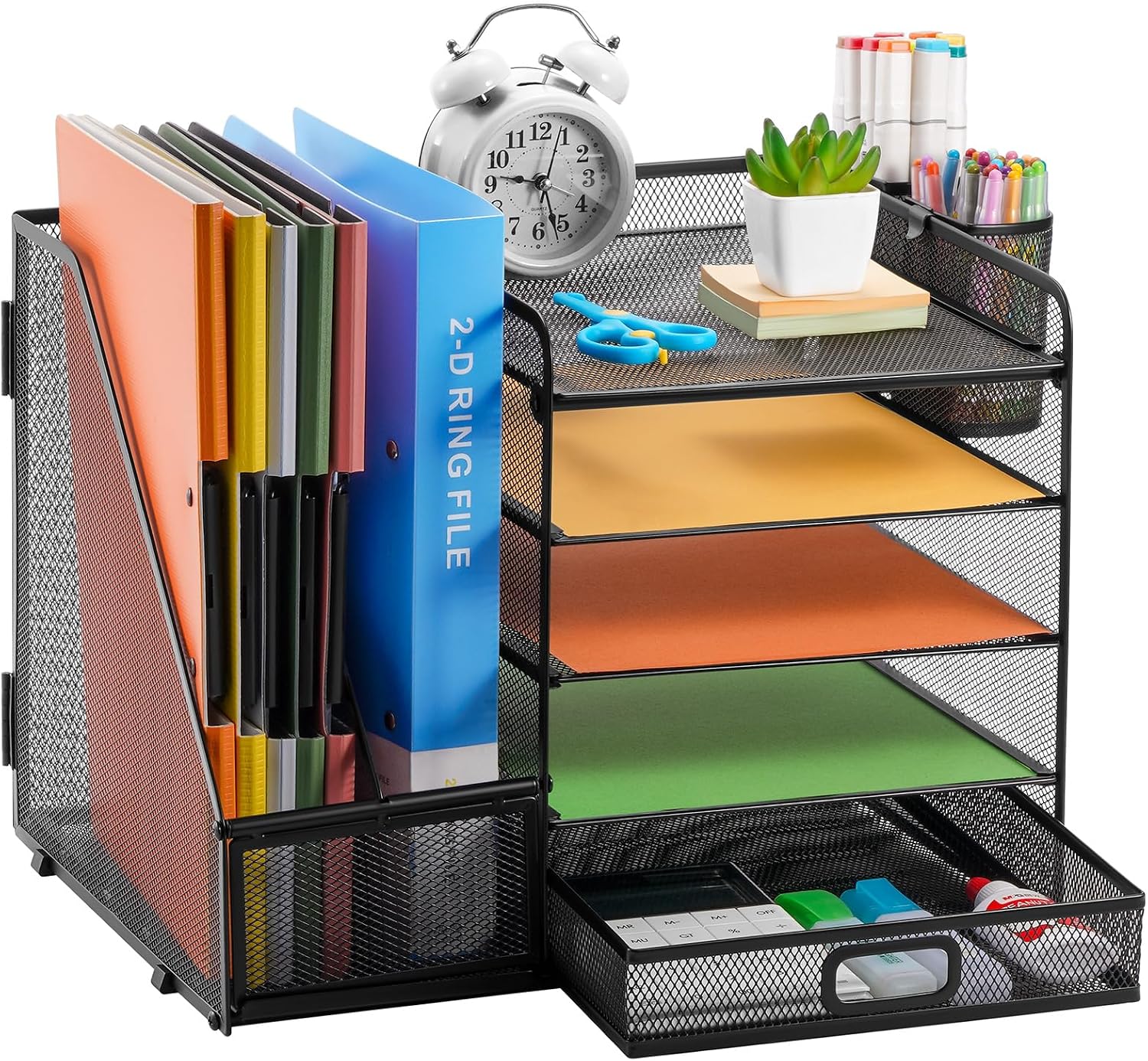 Marbrasse Desk Organiser File Holder,5-Tier Paper Letter Tray Organiser with Drawer,2 Pen Holder,Mesh Desktop Storage with Magazine Holder for Office Supplies(Black) - Image 4