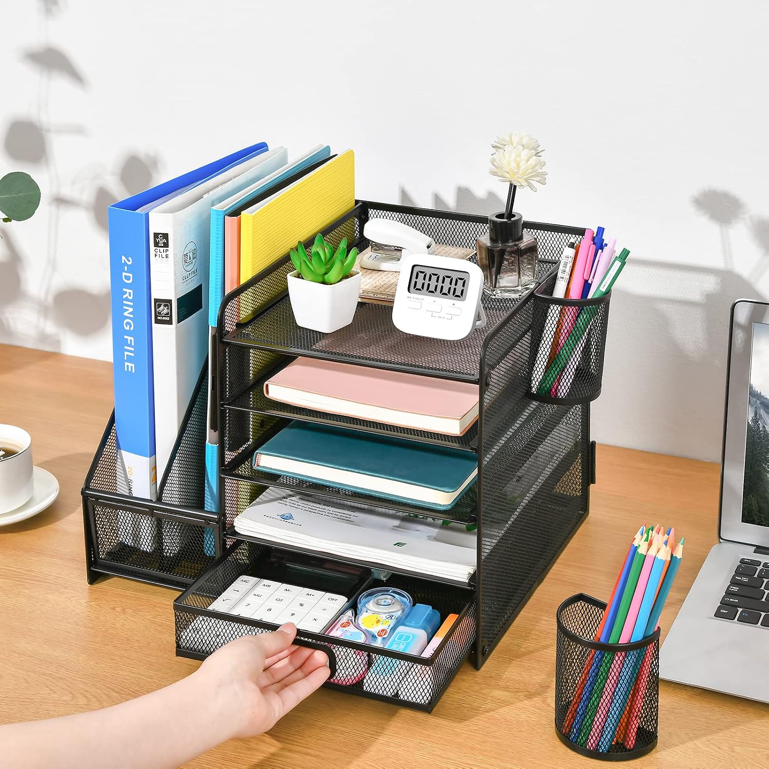 Marbrasse Desk Organiser File Holder,5-Tier Paper Letter Tray Organiser with Drawer,2 Pen Holder,Mesh Desktop Storage with Magazine Holder for Office Supplies(Black) - Image 6