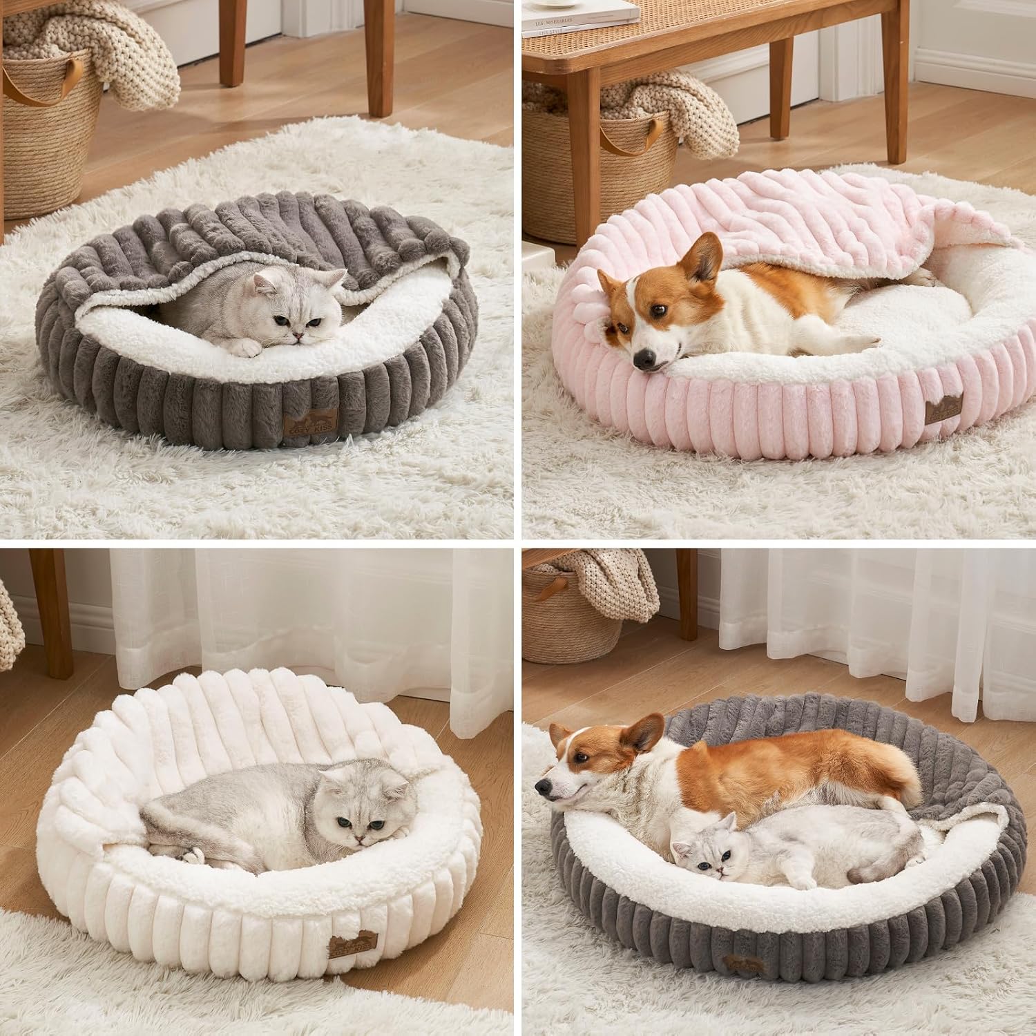 COZY KISS Cat Bed with Blanket for Kitten Cat, 50cm Donut Small Cave, Cream - Image 6