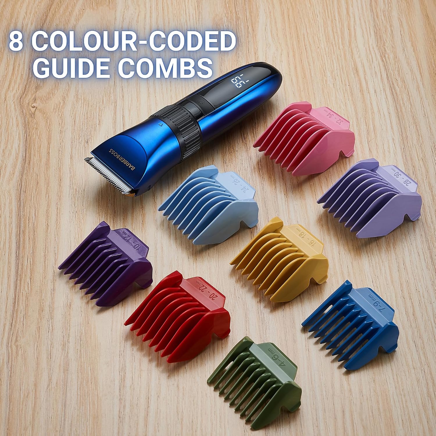 BarberBoss Cordless Self-Sharpening Beard & Hair Trimmer, Ceramic Blades, LED Display, Fast Charging, and 8 Color Comb Attachments QR-2082 - Image 6